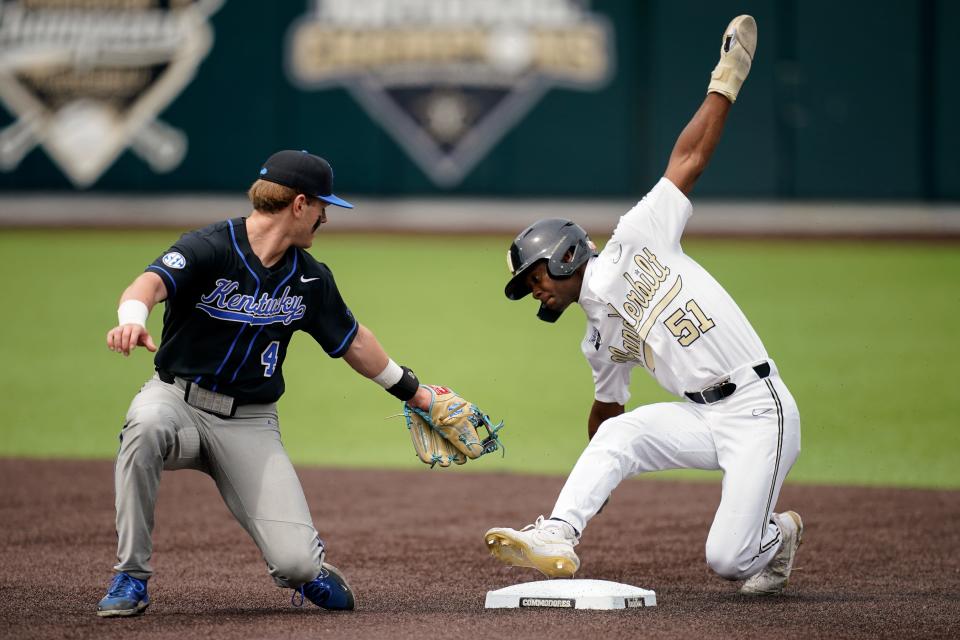 Vanderbilt center fielder Enrique Bradfield Jr. (51) steals second base past Kentucky second baseman Émilien Pitre (4) during the first inning at Hawkins Field in Nashville, Tenn., Saturday, April 29, 2023.