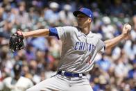 Chicago Cubs starting pitcher Drew Smyly throws during the first inning of a baseball game against the Milwaukee Brewers Monday, July 3, 2023, in Milwaukee. (AP Photo/Morry Gash)