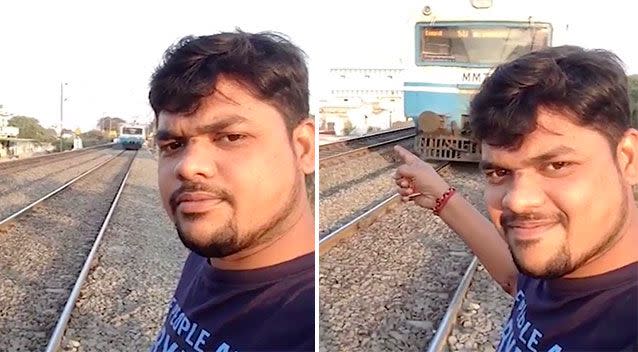 An Indian man has survived being hit by a train while posing for a selfie. Source: NewsFlare