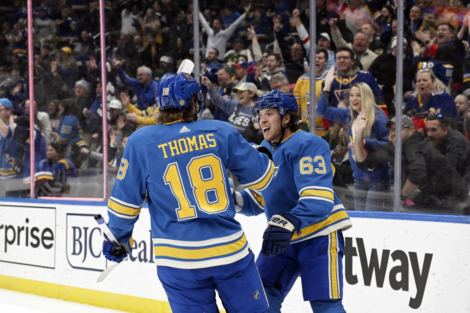 St. Louis Blues' Jake Neighbours (63) and Robert Thomas (18) celebrate after a goal against the Minnesota Wild during the second period of an NHL hockey game Saturday, March 2, 2024, in St. Louis. (AP Photo/Michael Thomas)