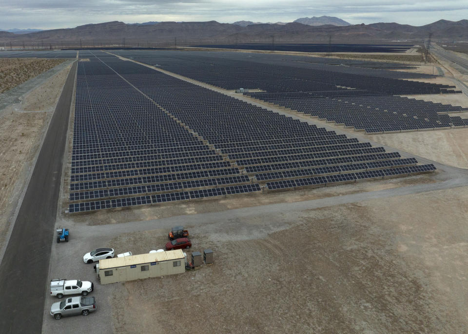 An aerial view of the MGM Mega Solar Array facility at northeast of Las Vegas is shown on Tuesday, Jan. 10, 2023, in Las Vegas. Mohammed Mesmarian, arrested after what authorities call a terror attack on a solar power facility last week in Southern Nevada, is due to make a court appearance Tuesday in Las Vegas. (Bizuayehu Tesfaye/Las Vegas Review-Journal via AP)