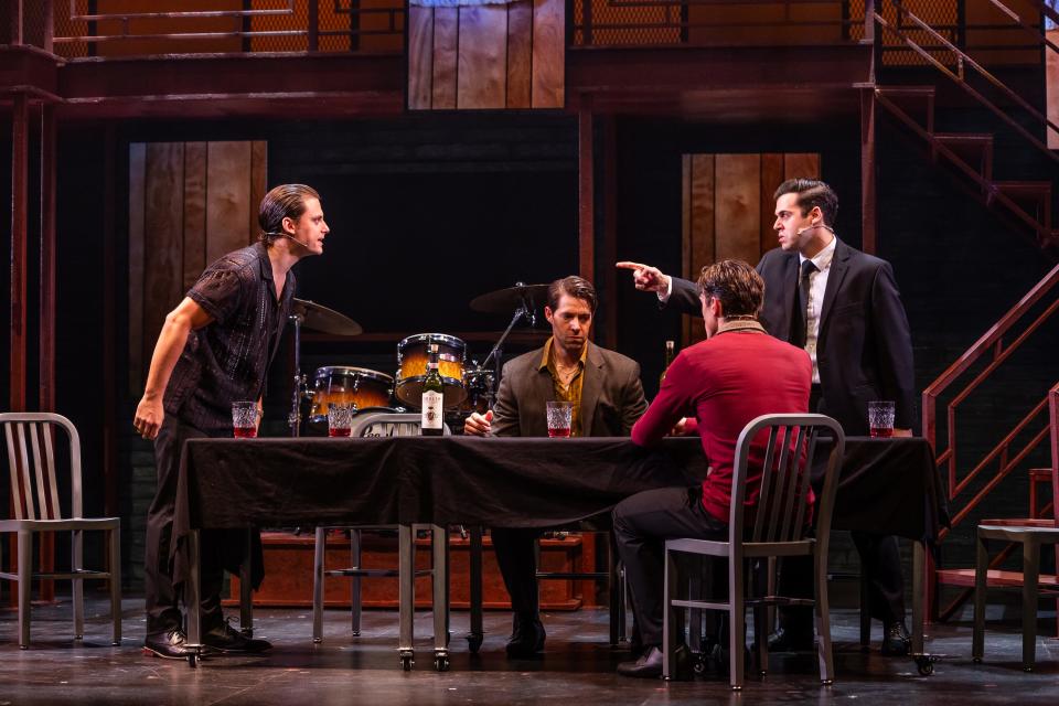 Actors, left to right, Rory Max Kaplan (Tommy Devito), Stephen Cerf (Nick Massi), Tyler Okunski (Bob Gaudio), and Joey LaVarco (Frankie Valli) in a tense moment in "Jersey Boys."