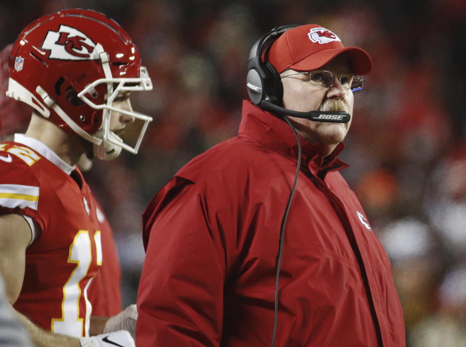 Kansas City Chiefs head coach Andy Reid watches a play during the first half of the AFC Championship NFL football game against the New England Patriots, Sunday, Jan. 20, 2019, in Kansas City, Mo. (AP Photo/Charlie Riedel)