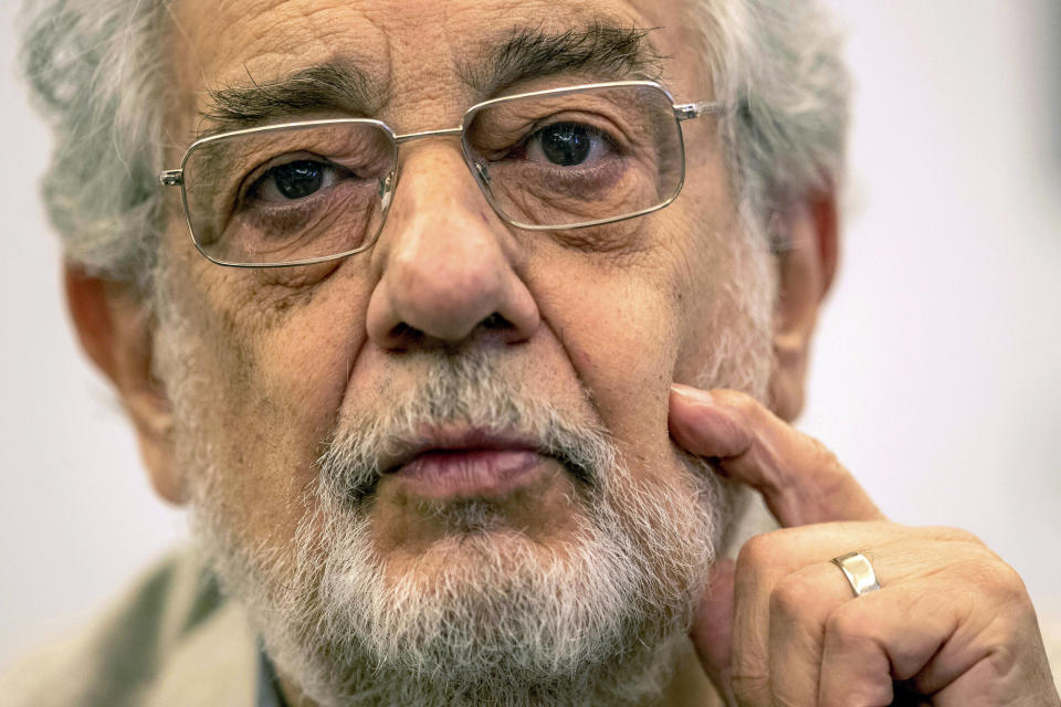 En esta foto del 12 de julio del 2019, el cantante de ópera Plácido Domingo durante una conferencia de prensa sobre su espectáculo "Giovanna d'Arco" en Madrid. (AP Foto/Bernat Armangue, Archivo)