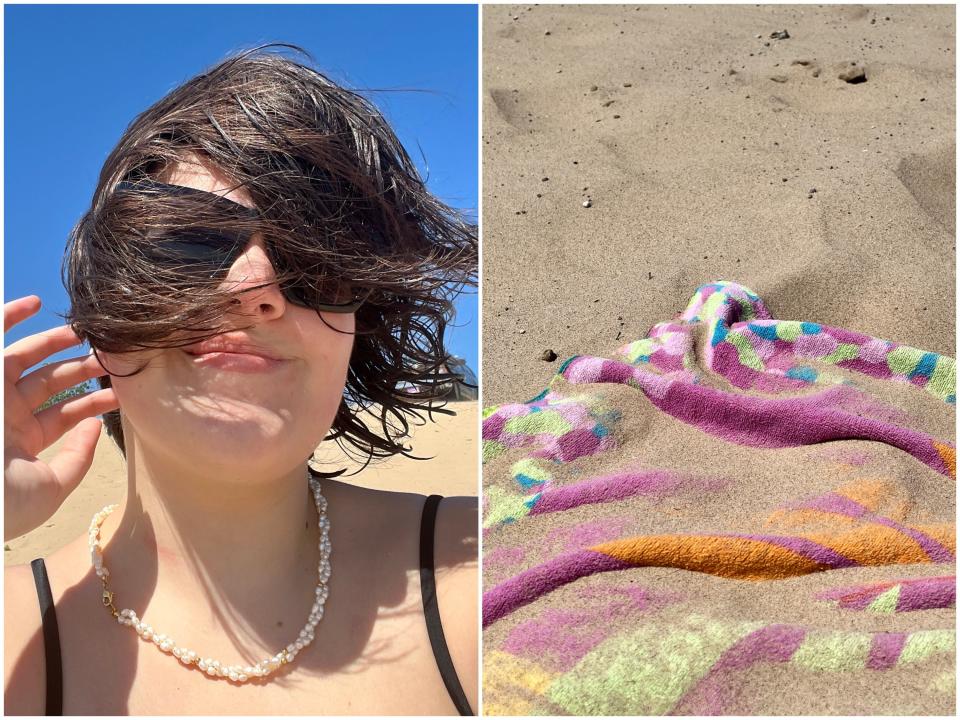 Gabi Stevenson in the wind at Oval Beach on Lake Michigan