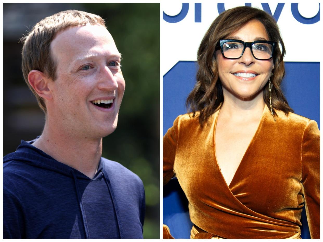 Mark Zuckerberg wearing a navy hoodie and smiling, and Linda Yaccarino smiles in a brown-gold dress