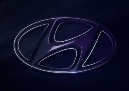 The logo of Hyundai Motor is seen on wall at a event of Hyundai Motor Co's new Accent in Mexico City