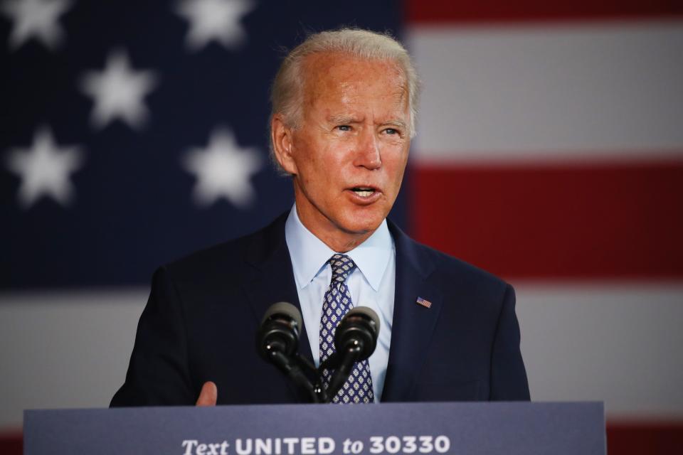 The presumptive Democratic presidential nominee Joe Biden speaks at McGregor Industries on July 09, 2020 in Dunmore, Pennsylvania. The former vice president, who grew up in nearby Scranton, toured a metal works plant in Dunmore in northeastern Pennsylvania and spoke about his economic recovery plan. With fewer than four months until the election, polls continue to show Biden leading in Pennsylvania which is a battleground state in the race for the presidency.