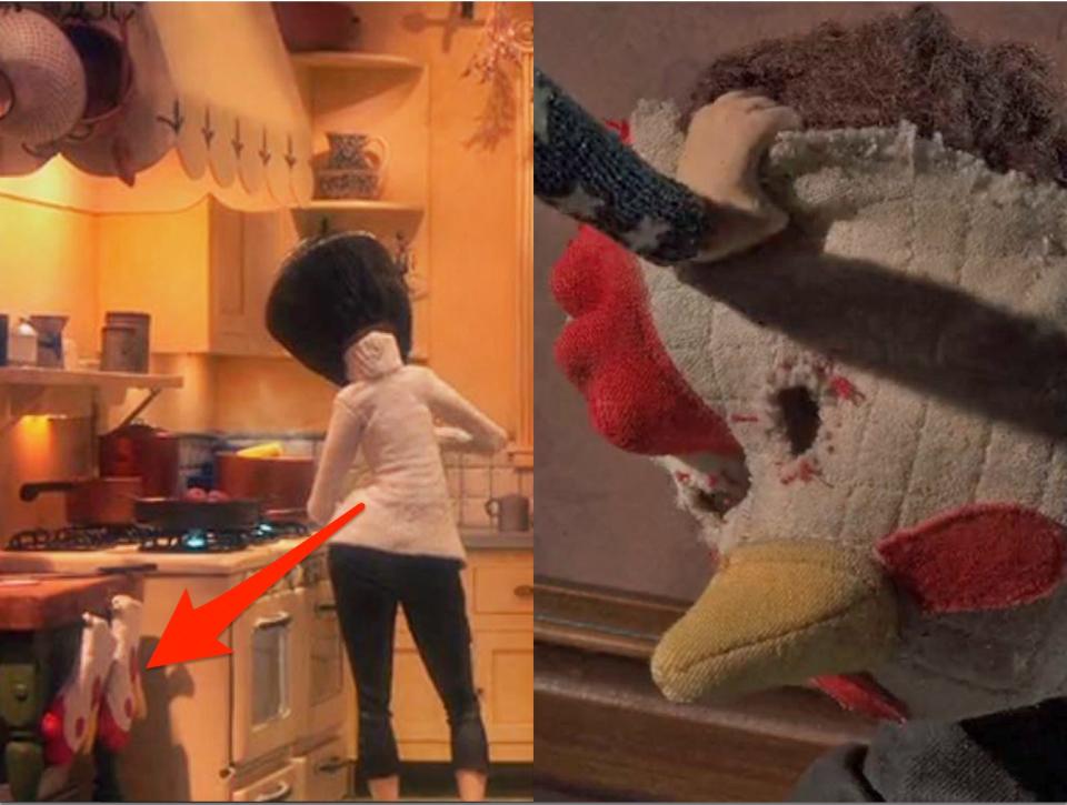 An oven mitt on an oven and Wybie's face in "Coraline" (2009).