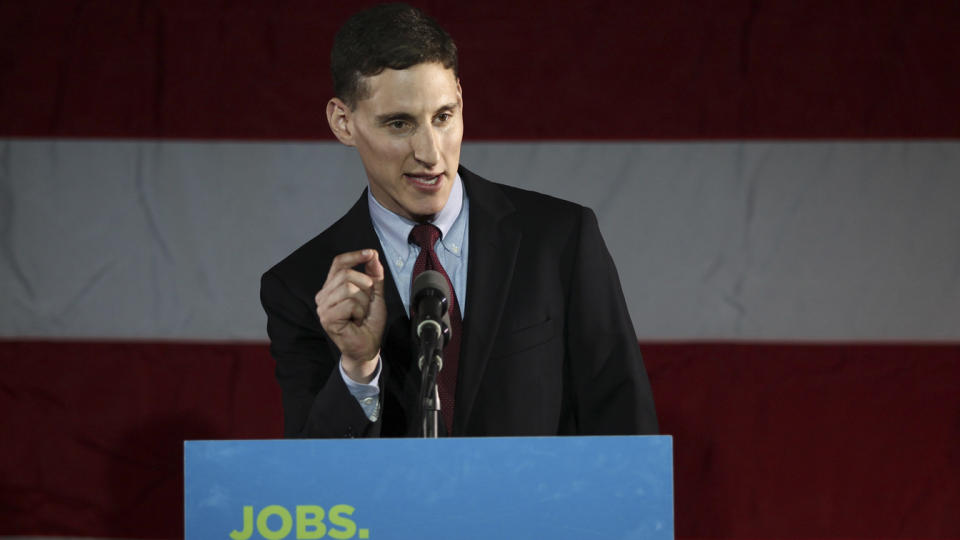 Josh Mandel stands at a podium as he speaks to supporters at a rally in Columbus, Ohio, in 2012. 