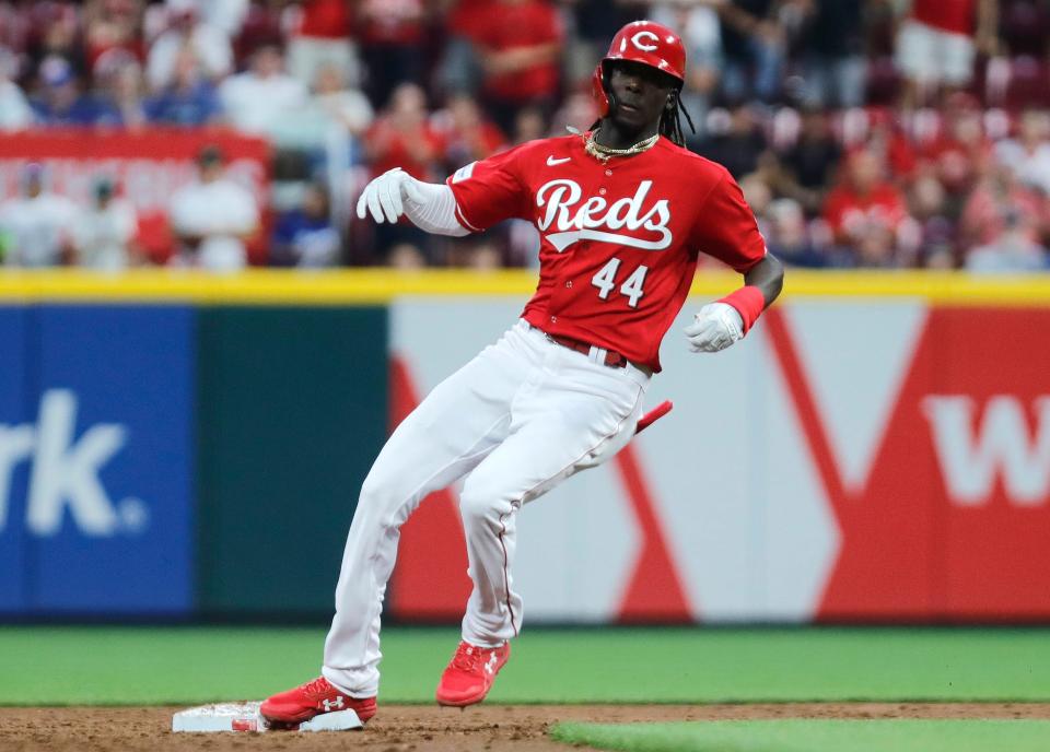 Jun 6, 2023; Cincinnati, Ohio, USA; Cincinnati Reds third baseman Elly De La Cruz reaches second base after hitting his first career hit for a double against the Los Angeles Dodgers during the third inning at Great American Ball Park.