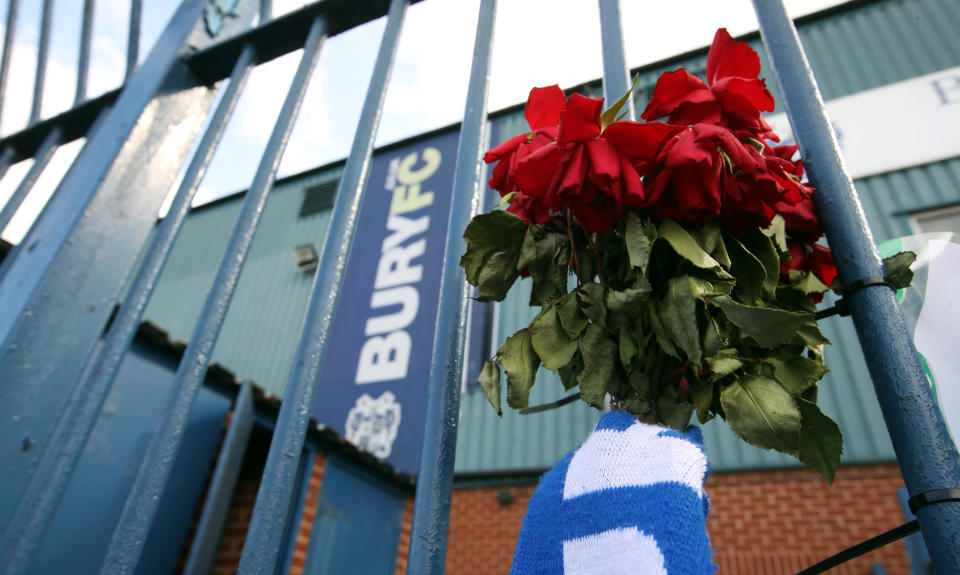 Soccer Football - Bury - Gigg Lane, Bury, Britain - August 20, 2019   General view of flowers on the outside of the stadium   Action Images via Reuters/Carl Recine    EDITORIAL USE ONLY. No use with unauthorized audio, video, data, fixture lists, club/league logos or "live" services. Online in-match use limited to 75 images, no video emulation. No use in betting, games or single club/league/player publications.  Please contact your account representative for further details.