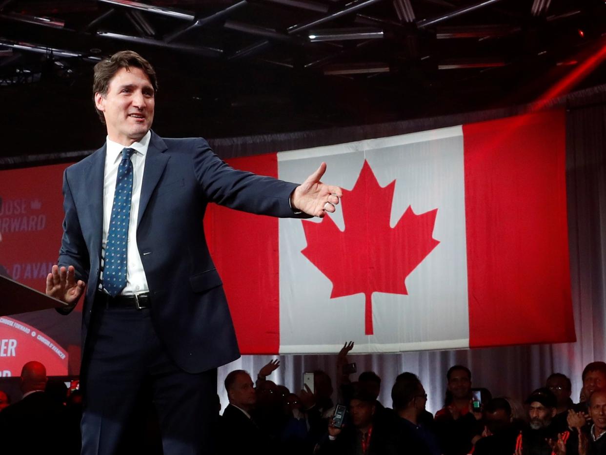 Liberal leader and Canadian Prime Minister Justin Trudeau reacts after the federal election at the Palais des Congres in Montreal, Quebec, Canada October 22, 2019. REUTERS/Stephane Mahe