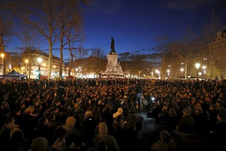 Supporters of social media-driven movement "Nuit Debout" (Up All Night), gather on the Place de la Republique in Paris, France, against a French labour law proposal, April 11, 2016. REUTERS/Benoit Tessier
