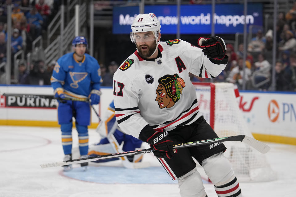Chicago Blackhawks' Nick Foligno celebrates after scoring during the third period of an NHL hockey game against the St. Louis Blues Saturday, Dec. 23, 2023, in St. Louis. (AP Photo/Jeff Roberson)