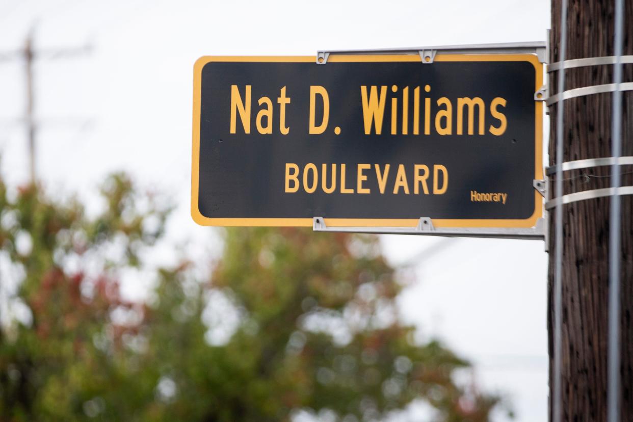 The Nat D. Williams honorary street sign is seen during the street naming ceremony outside of Booker T. Washington High School in Memphis, Tenn., on Friday, October 27, 2023. Williams, who was hailed as the first Black radio personality in Memphis and “The Voice of Beale Street,” was a history teacher at the school for 43 years.