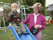 <p>For some outdoor play time with a young Prince Harry, Diana wore a pink knit over a white shirt and gingham pants.</p>