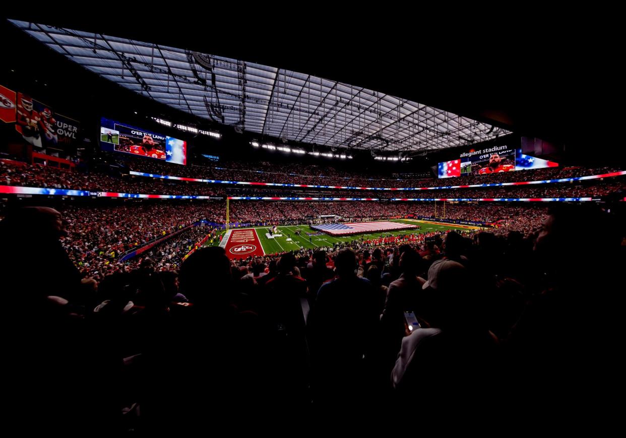 <span>The Allegiant stadium before the start of the Super Bowl LVIII match between San Francisco 49ers and Kansas City Chiefs in Las Vegas, Nevada.</span><span>Photograph: DeFodi Images/Getty Images</span>