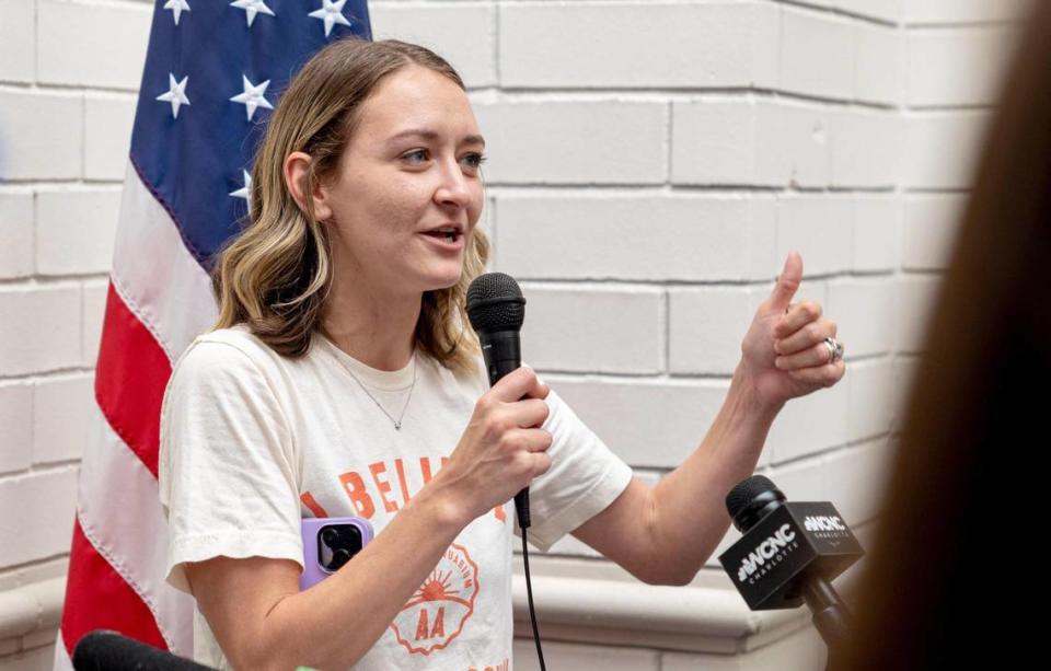 Anderson Clayton, the Chairperson of the North Carolina Democratic Party, speaks to the crowd during a rally at the Mecklenburg County Democratic Party office on Sunday, April 16, 2023. 