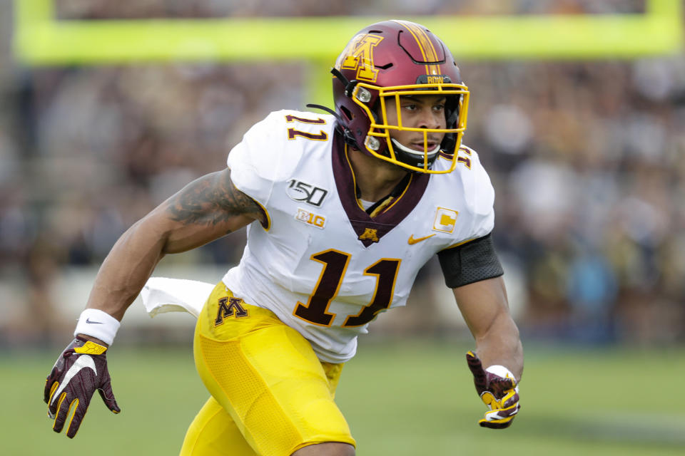 FILE - In this Sept. 28, 2019, file photo, Minnesota defensive back Antoine Winfield Jr. (11) plays against Purdue during the first half of an NCAA college football game, in West Lafayette, Ind. Winfield was selected to the AP All-Big Ten Conference team, Wednesday, Dec. 11, 2019. (AP Photo/Michael Conroy, File)