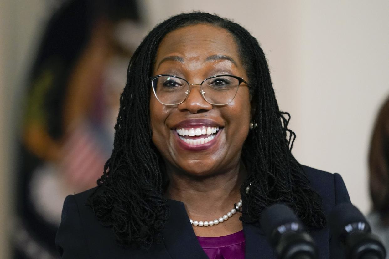 Judge Ketanji Brown Jackson speaks after President Joe Biden announced Jackson as his nominee to the Supreme Court in the Cross Hall of the White House, Friday in Washington.