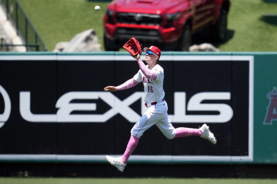 Los Angeles Angels center fielder Mickey Moniak makes a catch on a ball hit by Kansas City Royals' Dairon Blanco during the second inning of a baseball game Sunday, May 12, 2024, in Anaheim, Calif. (AP Photo/Ashley Landis)