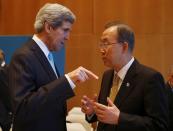 U.S. Secretary of State John Kerry (L) talks to U.N. Secretary-General Ban Ki-moon prior to peace talks in Montreux January 22, 2014. International peace talks to address Syria's almost three-year-old civil war opened in Montreux near Geneva on Wednesday with a speech by Ban. (REUTERS/Arnd Wiegmann)