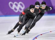 Speed Skating - Pyeongchang 2018 Winter Olympics - Men's Team Pursuit competition finals - Gangneung Oval - Gangneung, South Korea - February 21, 2018 - Shane Dobbin, Reyon Kay and Peter Michael of New Zealand compete. REUTERS/John Sibley