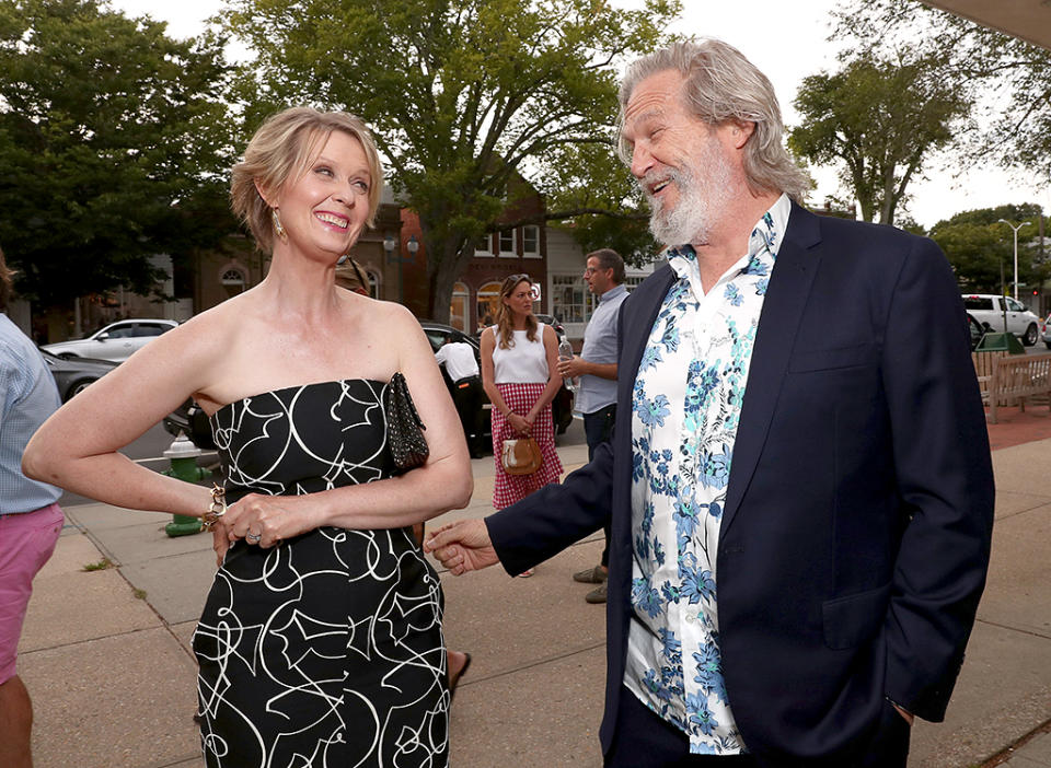 <p>Co-stars Cynthia Nixon and Jeff Bridges shared a laugh at an East Hampton, N.Y., screening of their movie, <i>The Only Living Boy in New York</i>. Think they were discussing <a rel="nofollow" href="https://www.yahoo.com/celebrity/cynthia-nixon-reportedly-weighing-big-185600133.html" data-ylk="slk:Nixon’s political potential;elm:context_link;itc:0;sec:content-canvas;outcm:mb_qualified_link;_E:mb_qualified_link;ct:story;" class="link  yahoo-link">Nixon’s political potential</a>? (Photo: Todd Williamson/Getty Images for Amazon Studios) </p>