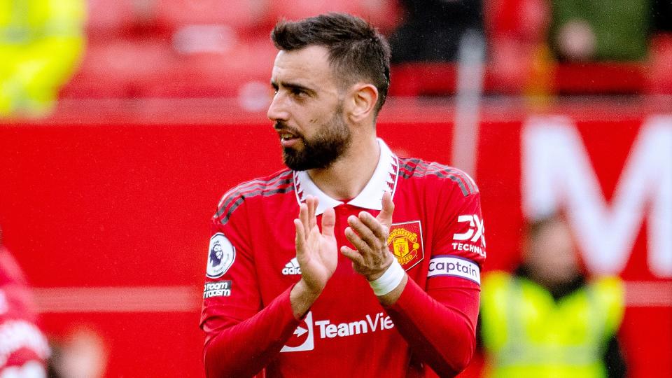  Bruno Fernandes of Manchester United applauds fans after the Premier League match between Manchester United and Aston Villa at Old Trafford  