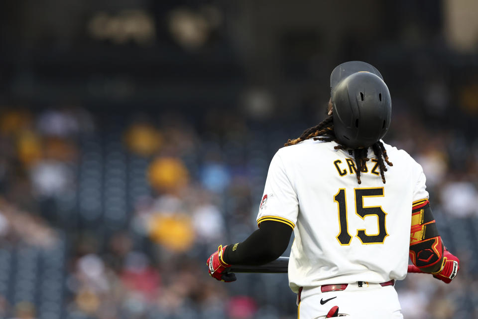 Pittsburgh Pirates Oneil Cruz (15) reacts after striking out against the St. Louis Cardinals during a baseball game in Pittsburgh, Tuesday, July 2, 2024. (AP Photo/Jared Wickerham)