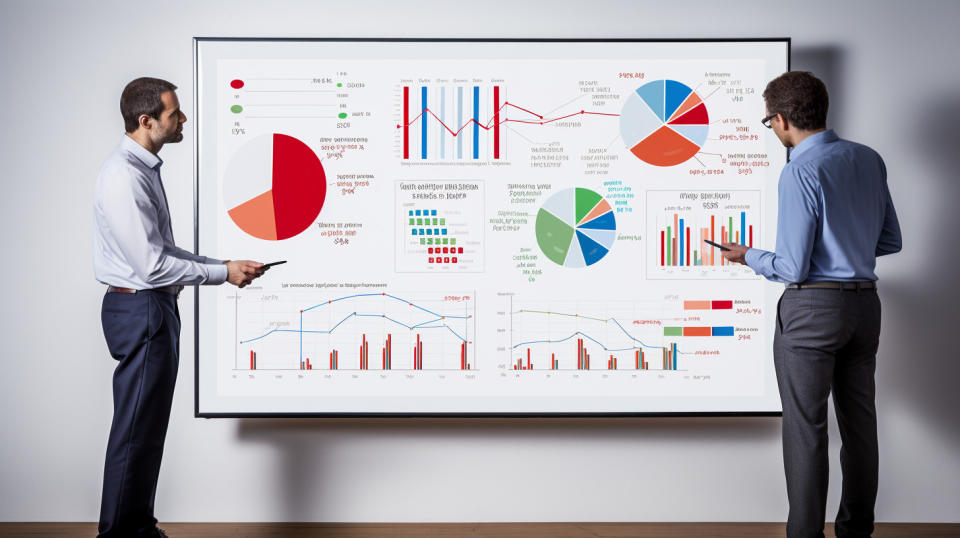 A diagram on a whiteboard being discussed by a credit analyst and engineer.