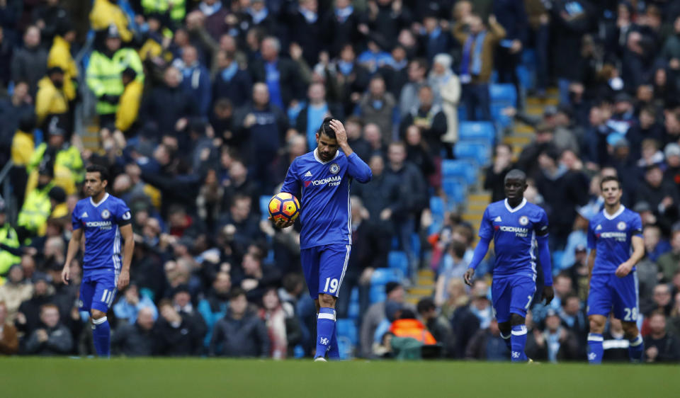 Britain Football Soccer - Manchester City v Chelsea - Premier League - Etihad Stadium - 3/12/16 Chelsea's Diego Costa looks dejected after Gary Cahill scored an own goal and the first for Manchester City Reuters / Phil Noble Livepic EDITORIAL USE ONLY. No use with unauthorized audio, video, data, fixture lists, club/league logos or "live" services. Online in-match use limited to 45 images, no video emulation. No use in betting, games or single club/league/player publications. Please contact your account representative for further details.