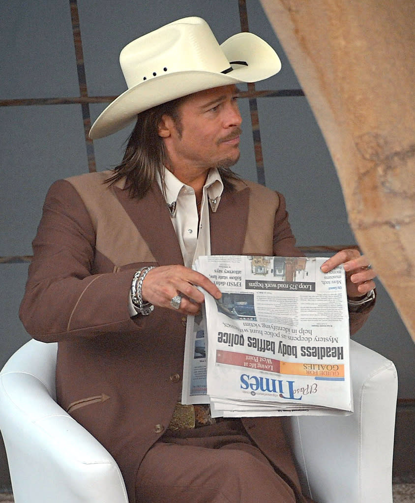 <b>Brad Pitt Cowboys Up</b><br><br>This is our first look at Brad Pitt in character on the set of "The Counselor" -- seen on Monday, July 30. <br><br>In the thriller, Pitt plays a mysterious figure in the drug trade named Westray. He advises leading man Michael Fassbender, who plays a lawyer in over his head.<br><br>The Ridley Scott film is shooting in London, which likely suits Pitt just fine since his main squeeze Angelina Jolie and the rest of their family have been residing in England <a href="http://tv.yahoo.com/blogs/movie-talk/angelina-jolie-maleficent-first-photo-165911375.html" data-ylk="slk:while she films "Maleficent.";elm:context_link;itc:0;sec:content-canvas;outcm:mb_qualified_link;_E:mb_qualified_link;ct:story;" class="link  yahoo-link">while she films "Maleficent."</a><br><br>"The Counselor" cast also includes Javier Bardem, Cameron Diaz and Penelope Cruz.