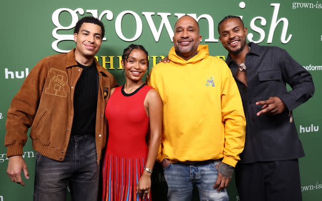 <p>Tommaso Boddi/Getty</p> Marcus Scribner, Yara Shahidi, Kenya Barris and Trevor Jackson attend Freeform's "Grown-ish" Finale Party