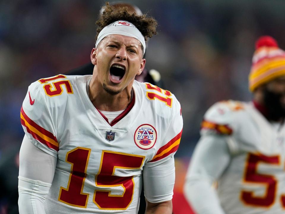 Patrick Mahomes celebrates a win over the Los Angeles Chargers.