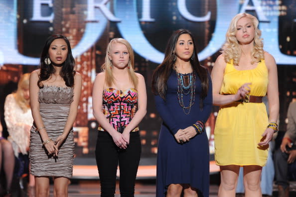 (L-R) Contestants Jessica Sanchez, Holllie Cavanagh, Brielle Von Hugel, Hallie Day onstage at FOX's 'American Idol' Season 11 Top 24 to 13 Live Elimination Show on March 1, 2012 in Hollywood, California. (Photo by FOX via Getty Images)