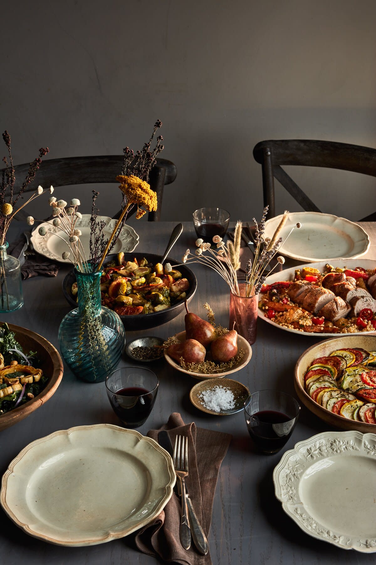 fall potluck table setting with food ready for serving