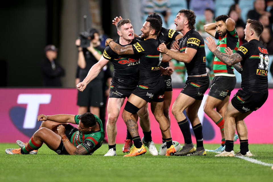 Liam Martin, pictured here after scoring the winning try for Penrith against South Sydney.