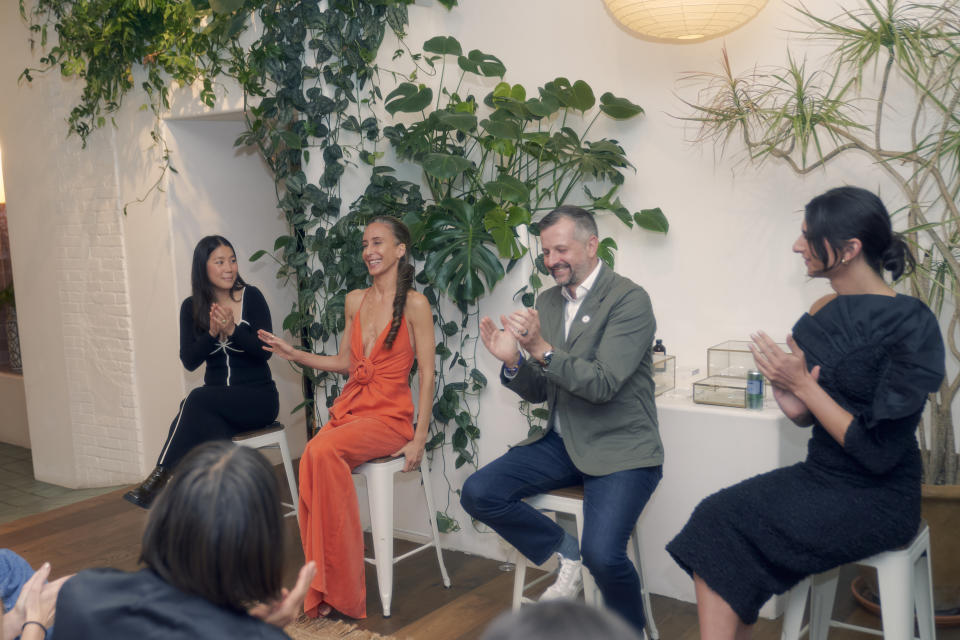 From left: Eco-journalist Sophia Li, Mara Hoffman, Circ Peter Majeranowski and Willow Defebaugh, editor-in-chief of Atmos Magazine, the climate and culture publication, discuss the launch of the Nyssa dress and circularity in fashion and apparel.