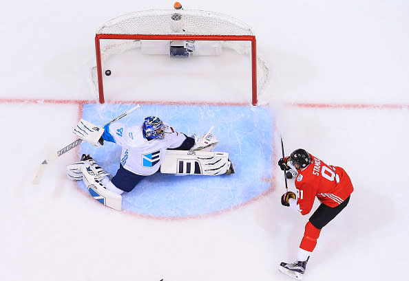 TORONTO, ON - SEPTEMBER 27: Steven Stamkos #91 of Team Canada scores the game winning goal against Jaroslav Halak #41 of Team Europeduring Game One of the World Cup of Hockey 2016 final series at Air Canada Centre on September 27, 2016 in Toronto, Canada. (Photo by Dave Sandford/World Cup of Hockey via Getty Images)