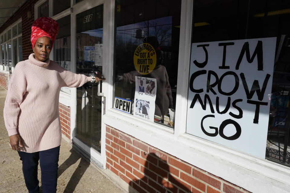 Maati Jone Primm, owner of Marshall's Music & Bookstore in downtown Jackson, Miss., speaks about how proposals by the majority-white Mississippi Legislature would affect governance of the state's majority-Black capital city, Feb. 13, 2023. “It’s a land grab. It’s a resource grab," Primm said. "It’s a way to disempower Jackson and its citizens, for its citizens not to have a say.” (AP Photo/Rogelio V. Solis)