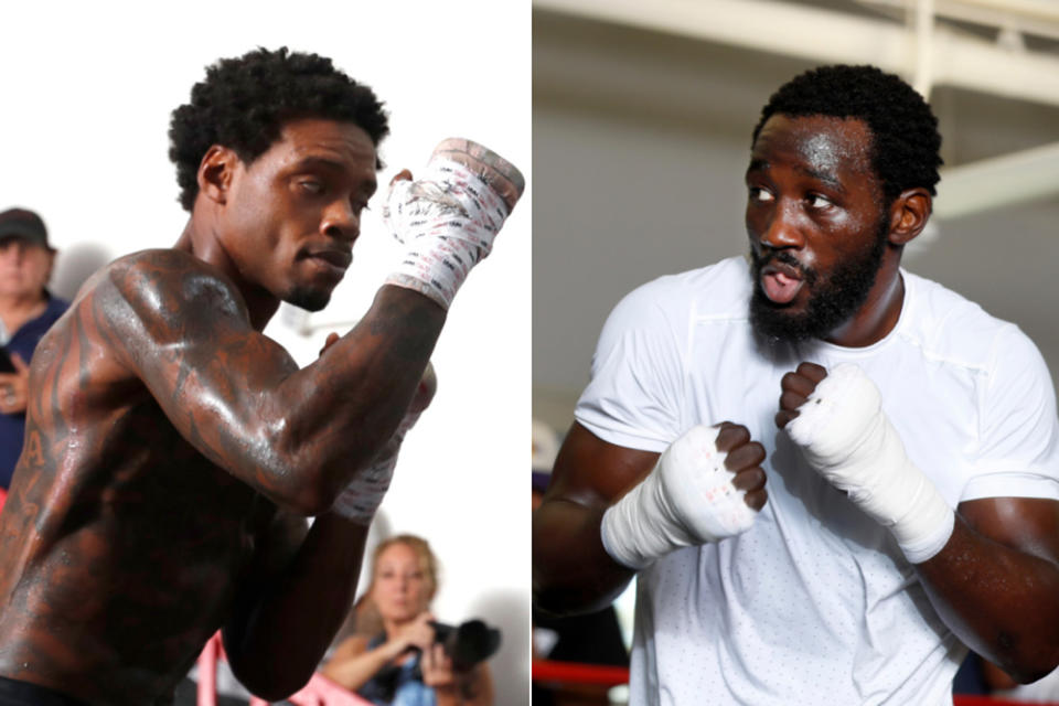 Errol Spence Jr. and Terence Crawford during open workouts ahead of their superfight. (Photos by Getty Images)
