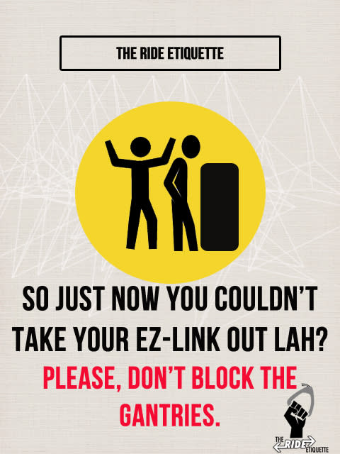 <p>Wouldn’t you love to see all these notices up around our buses, trains, stations and interchanges?</p> <p>These clever “reminders” are designed by a group of final-year students at NTU’s Wee Kim Wee School of Communication, as part of a campaign to encourage better commuter behaviour on public transport. </p> <p>They’re also asking for more suggestions – you can <a rel="nofollow noopener" href="https://www.facebook.com/photo.php?fbid=384038825073205&set=a.374204192723335.1073741827.371922269618194&type=1&stream_ref=10" target="_blank" data-ylk="slk:submit some;elm:context_link;itc:0;sec:content-canvas" class="link ">submit some</a>, and they’ll turn it into a poster like this. </p> <p>There’s more coming, and you can look out for it by liking their Facebook page, called “<a rel="nofollow noopener" href="https://www.facebook.com/TheRideEtiquette" target="_blank" data-ylk="slk:The Ride Etiquette;elm:context_link;itc:0;sec:content-canvas" class="link ">The Ride Etiquette</a>”.</p>