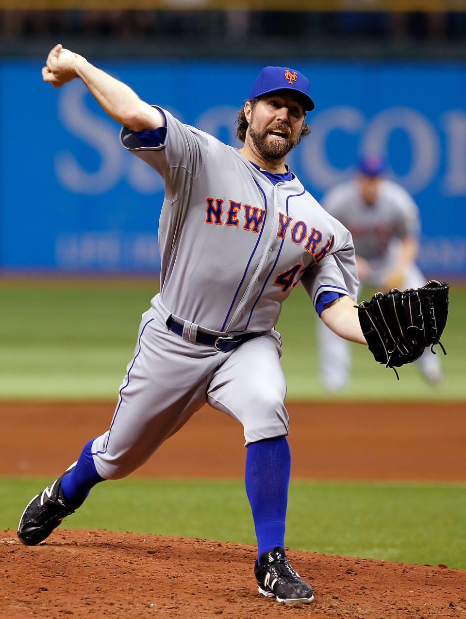 ST. PETERSBURG, FL - JUNE 13: Pitcher R.A. Dickey #43 of the New York Mets pitches against the Tampa Bay Rays during the game at Tropicana Field on June 13, 2012 in St. Petersburg, Florida. (Photo by J. Meric/Getty Images)