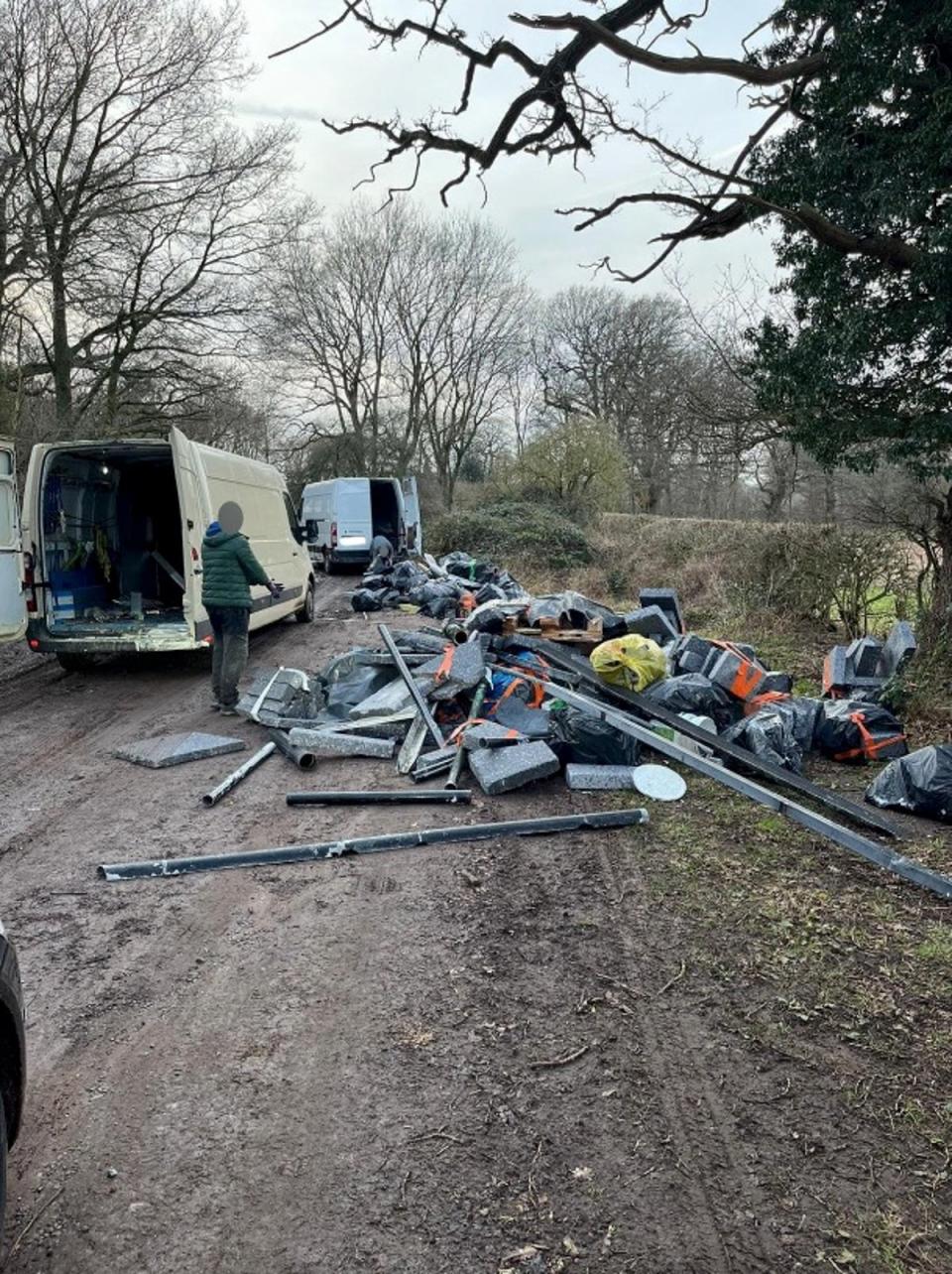 The rubbish dumped on the farm track by Ionut Bancunlea and Adrian Bivolaru from their vans (Warwickshire Police)