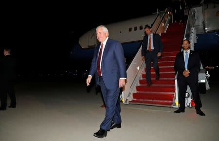 U.S. Secretary of State Rex Tillerson arrives back at Joint Base Andrews in Maryland, U.S. October 26, 2017. REUTERS/Alex Brandon/Pool