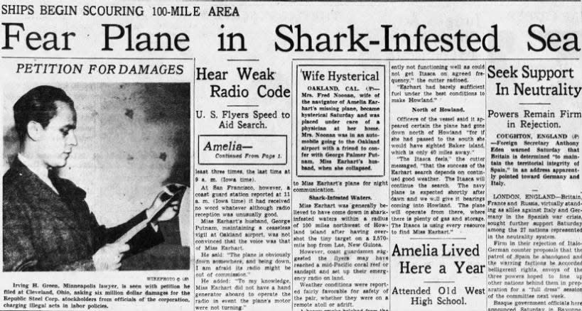 The Register published the headline "Fear Plane in Shark-Infested Sea" the day after Amelia Earhart's disappearance, July 3, 1937.