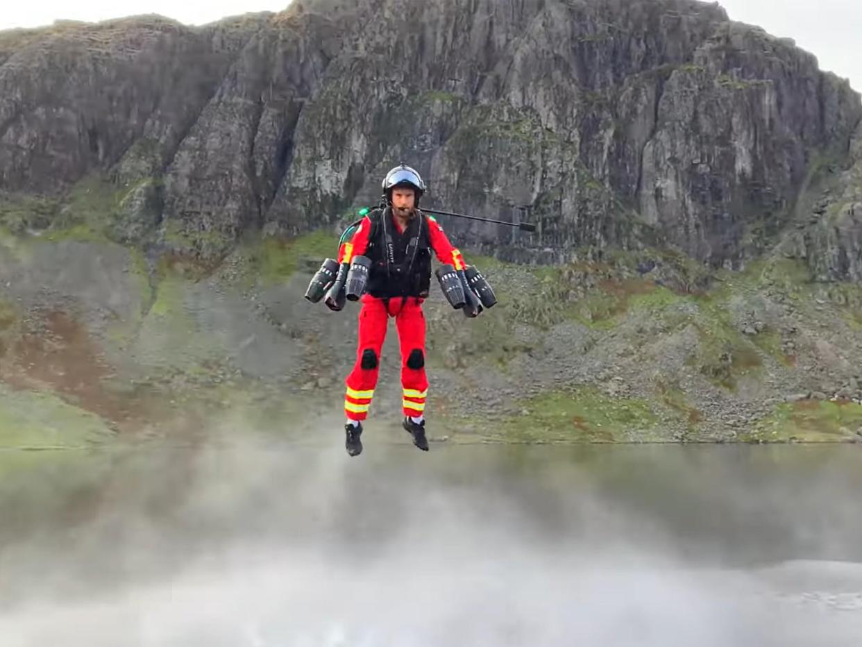 Chief test pilot Richard Browning during the jet suit demonstration in the Lake District  (PA)