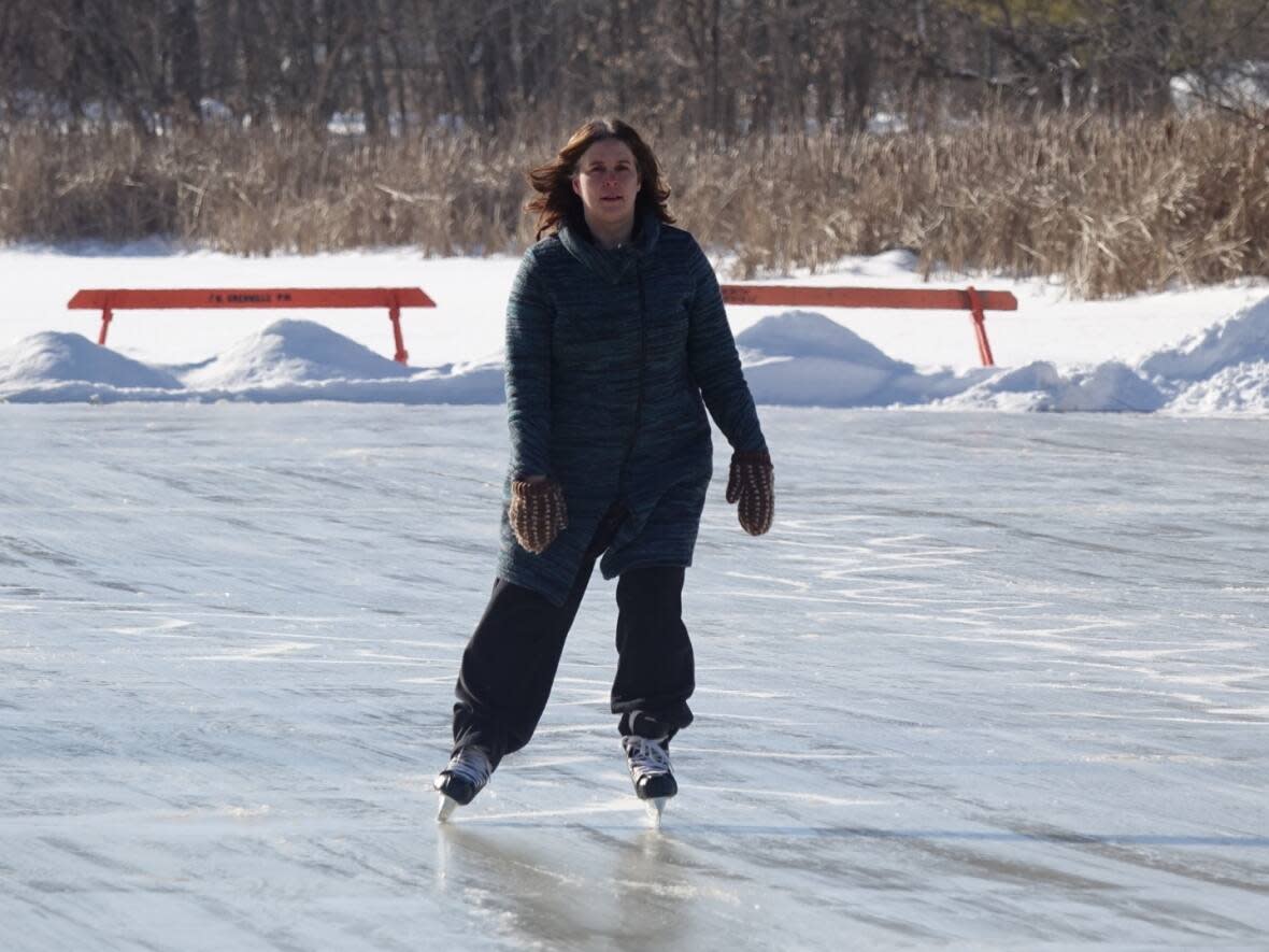 North Grenville, Ont., Mayor Nancy Peckford skates on the recently opened Kemptville Creek Community Skateway. Back for its second season, the skateway is more than three times longer in 2022 than it was last year.  (Giacomo Panico/CBC - image credit)